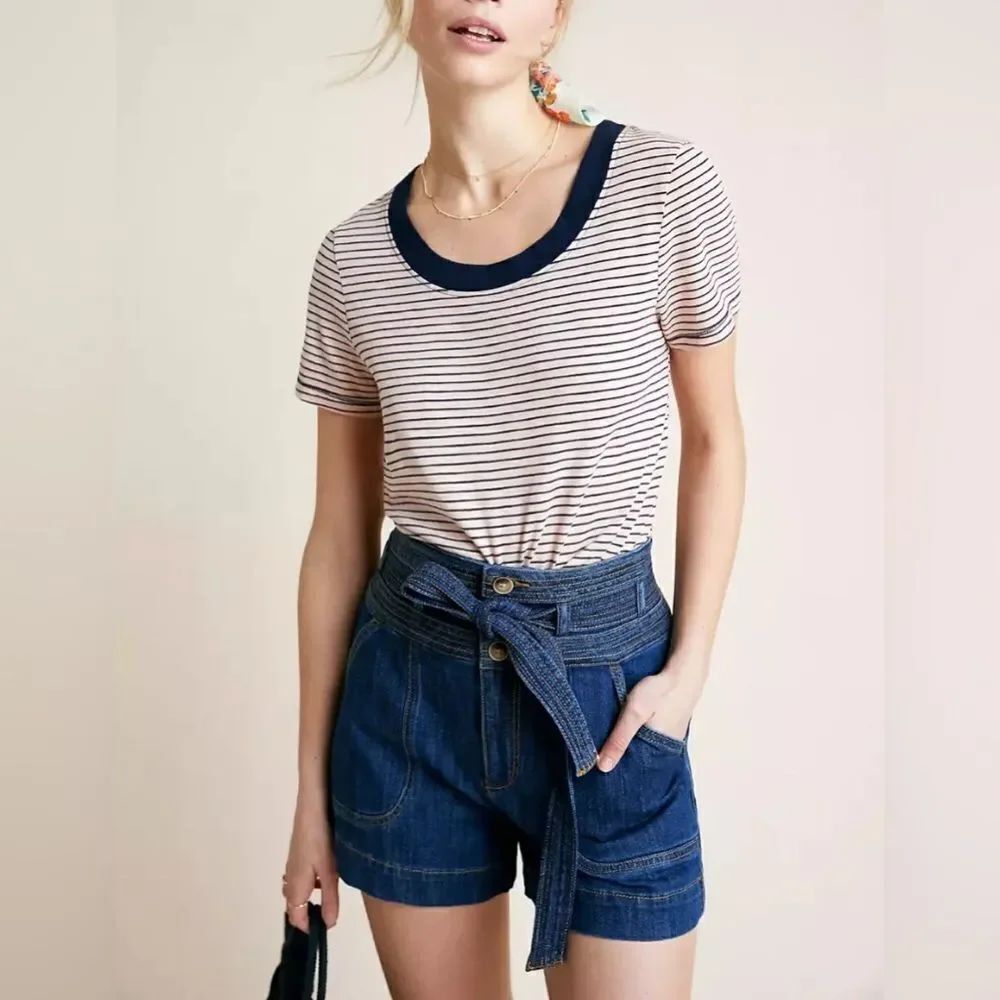 ANTHROPOLOGIE T.La BLUSH NAVY BLUE SHORT SLEEVE STRIPED STITCHED TEE TOP Sz Med